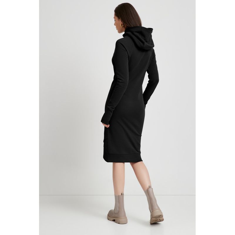 Women's Walker Hooded Midi Sweatshirt Dress with Layered Tulip Hem