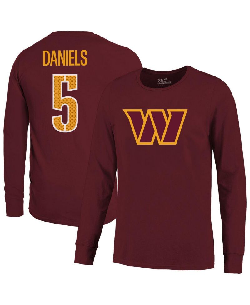 Men's Jayden Daniels Burgundy Washington Commanders Name & Number Non-Distressed Long Sleeve T-Shirt
