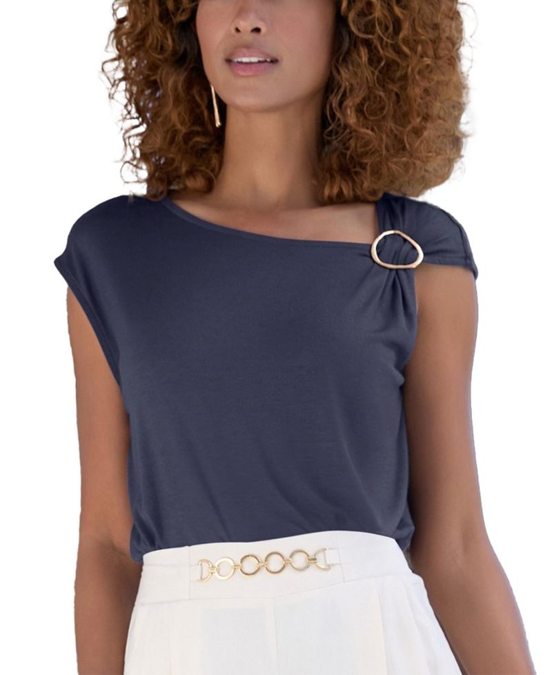 Women's Viscose Asymmetrical Ring Detail Short-Sleeve Top
