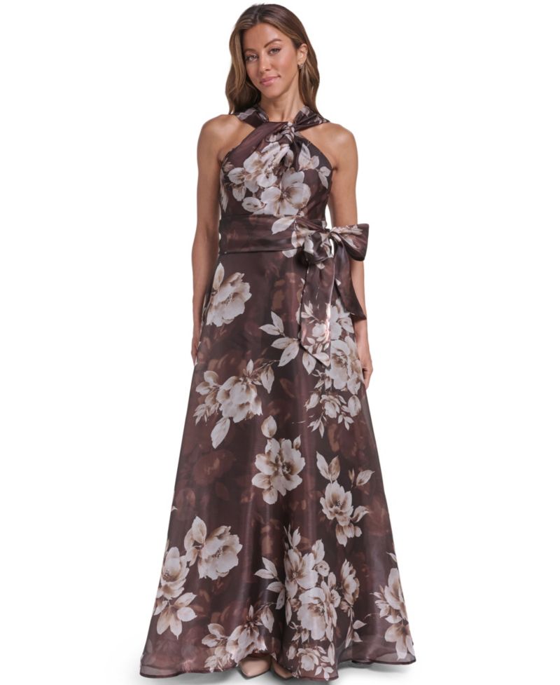 Women's Twist Neck Ballgown Floral Halter Wedding Guest Gown