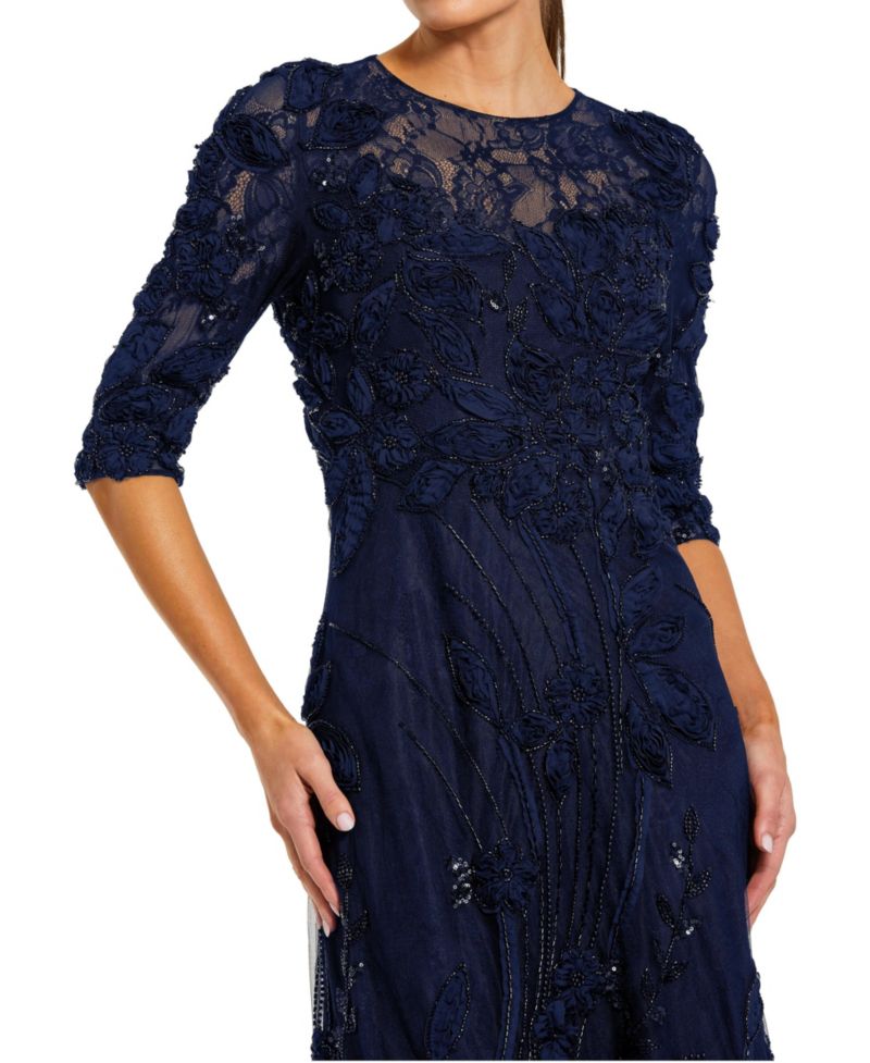 Women's High Neck Embellished Lace Gown with 3/4 Sleeves