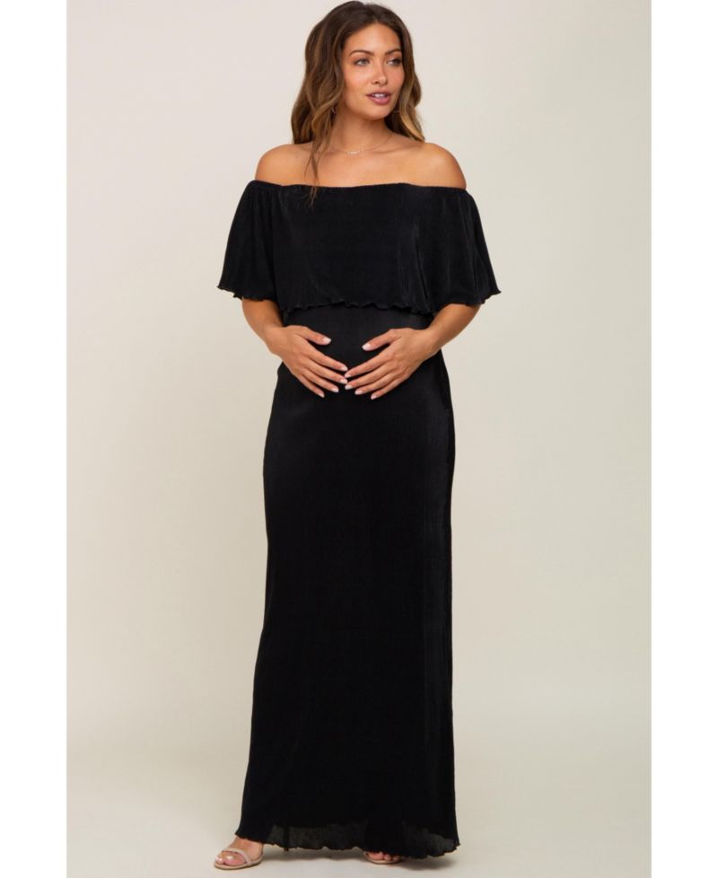 Women's Burgundy Pleated Ruffle Off Shoulder Maxi Dress