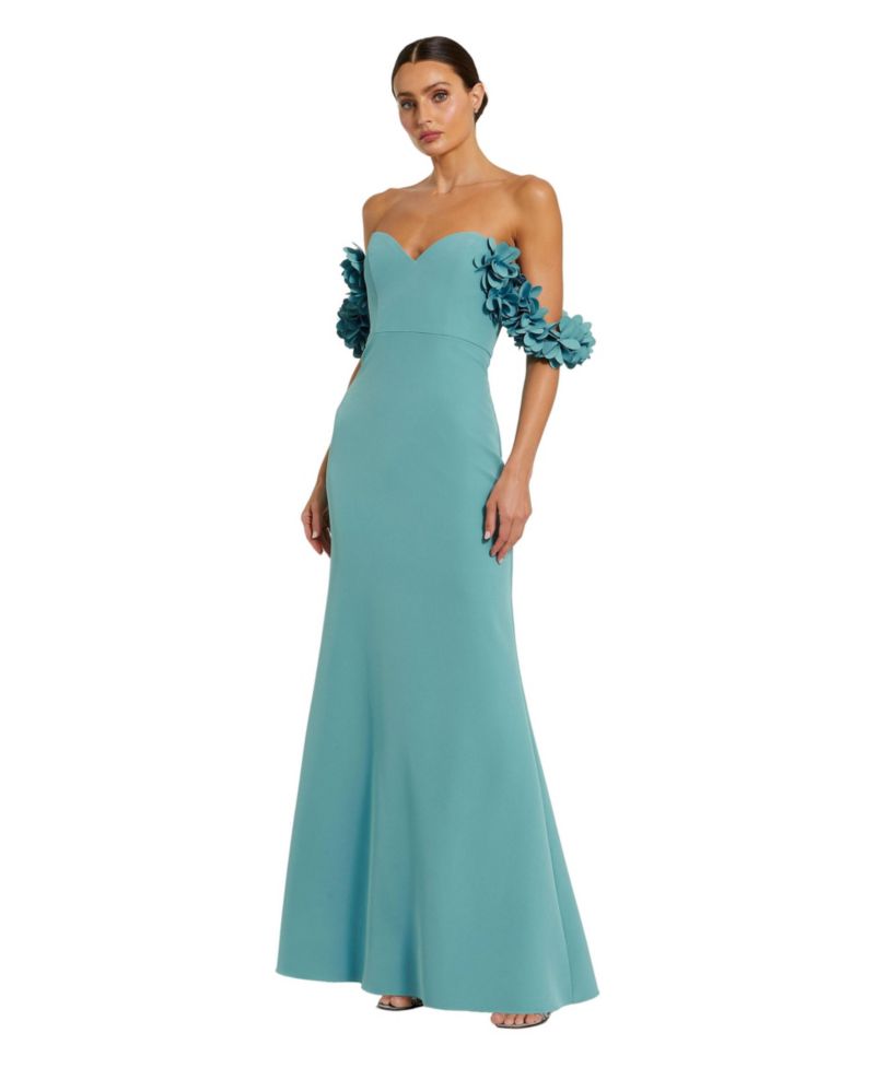 Crepe Off The Shoulder Gown With 3D Flowers