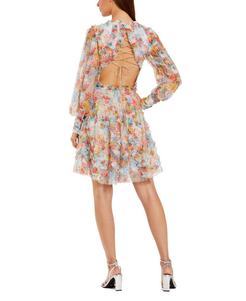 Women's Floral Mesh Ruffle High Neck Mini Dress