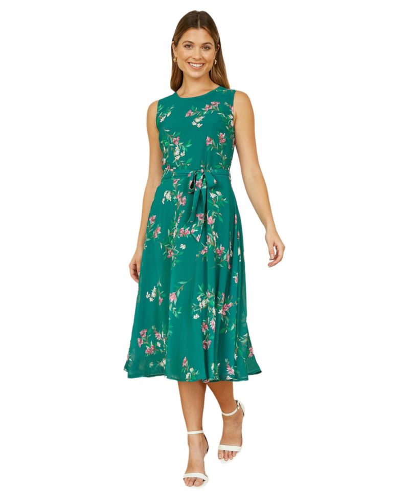 Women's Sleeveless Tie Waist Printed Midi Dress