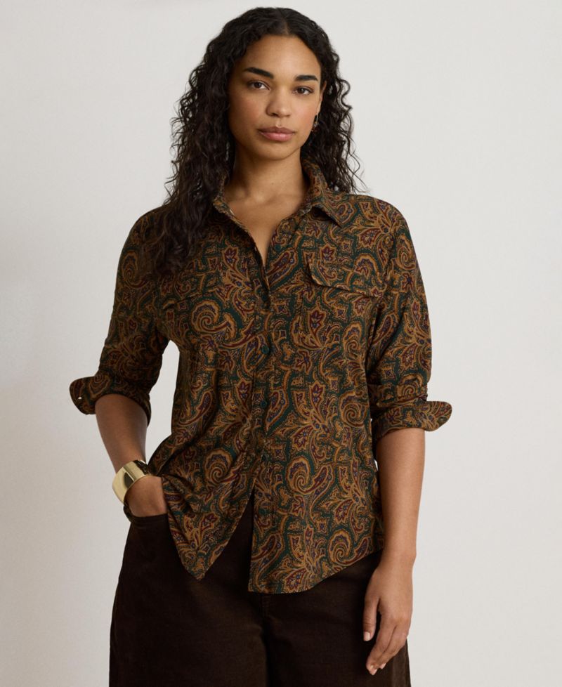 Women's Paisley Stretch Jersey Shirt Long-Sleeve Button-Up Blouse