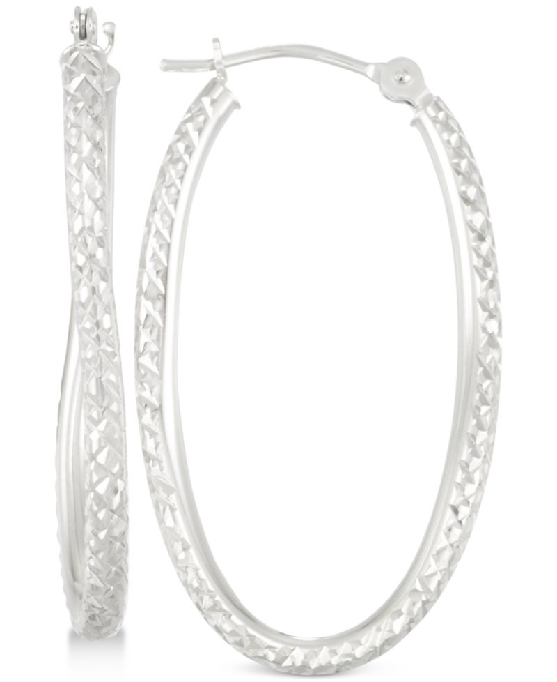 Textured Twisted Oval Hoop Earrings in 10k White Gold