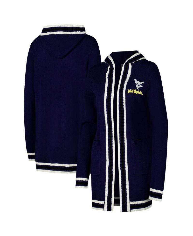 Women's Navy West Virginia Mountaineers Stripe Detail Tri-Blend Hoodie Cardigan Sweater