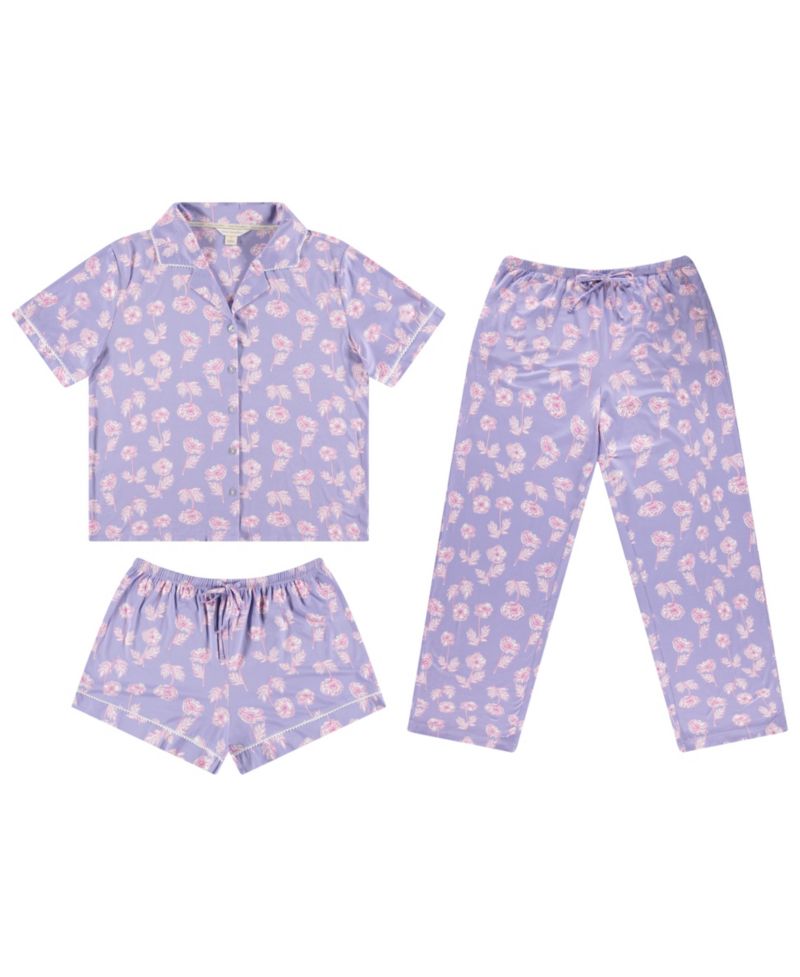 Women's Mix Match Notch-Neck Top with Pajama Shorts and Pants, 3-Piece set