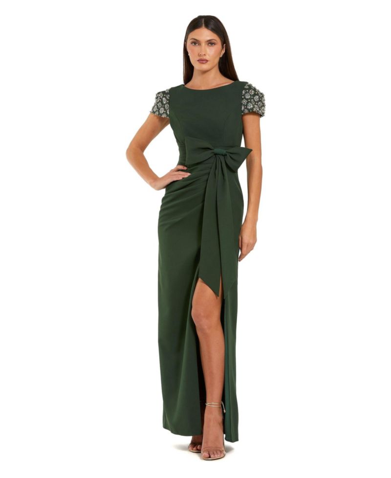 Women's Beaded Cap Sleeve Crepe Gown With Bow and Slit