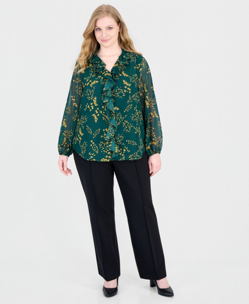 Plus Size Long-Sleeve Ruffle-Front V-Neck Blouse