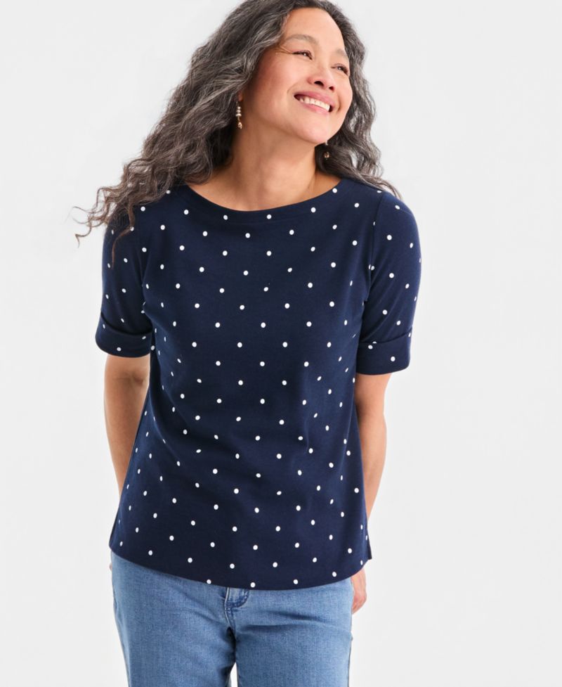 Petite Elbow-Sleeve Boat Neck Knit Dot Top