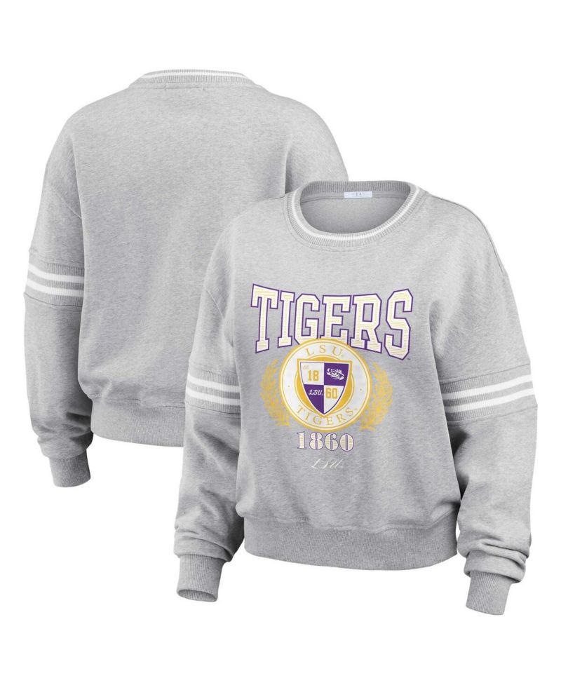 Women's Heather Gray LSU Tigers Classic Stripe Pullover Sweater