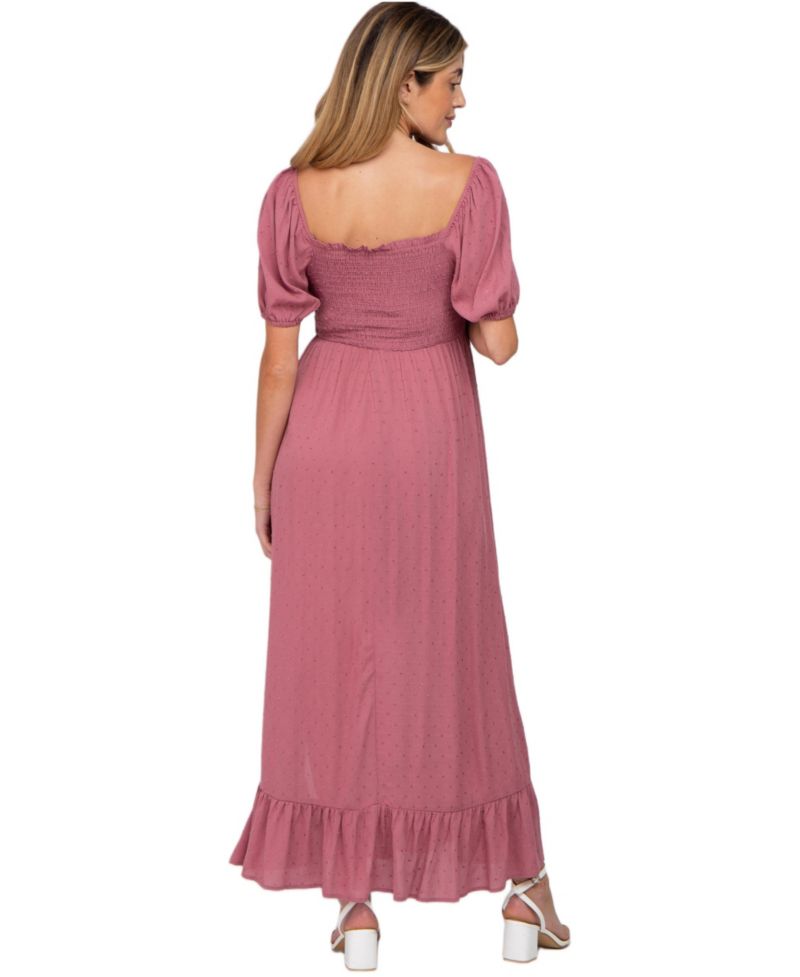 Women's Mauve Swiss Dot Square Neck Smocked Maxi Dress