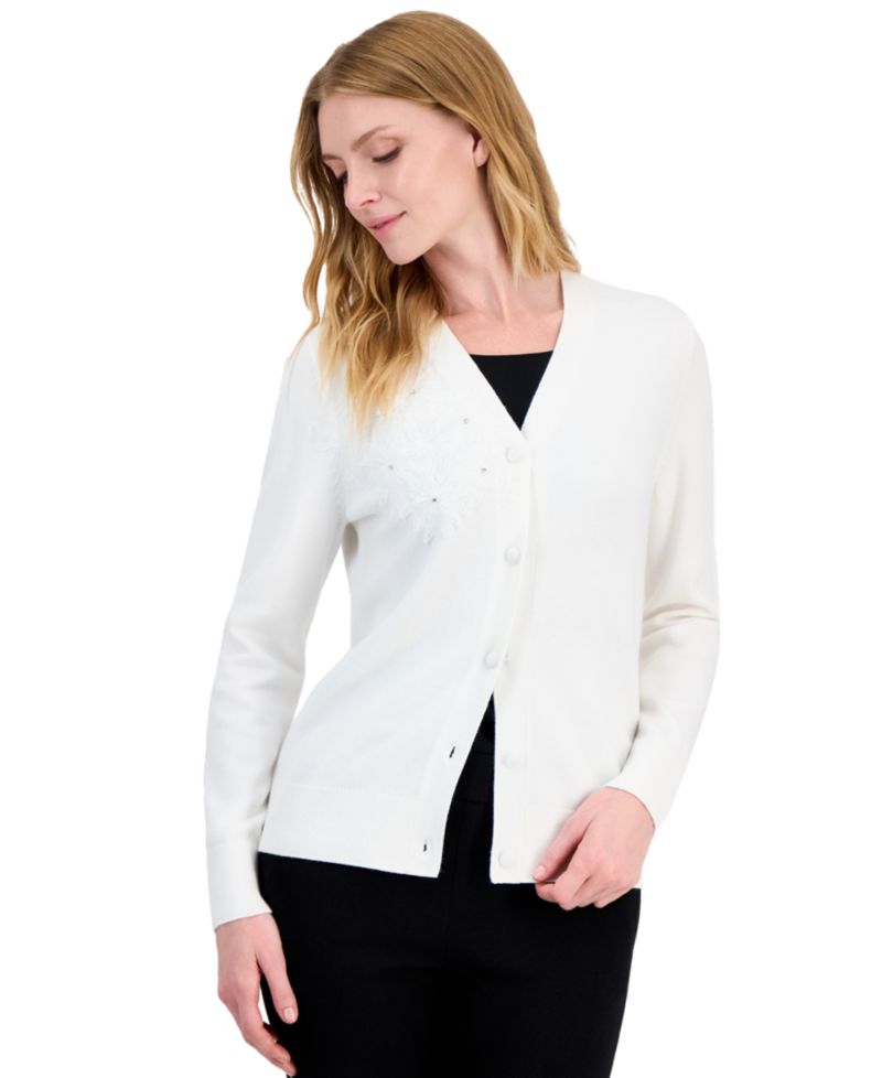 Women's Long-Sleeve Floral Lace-Applique Button-Up Cardigan