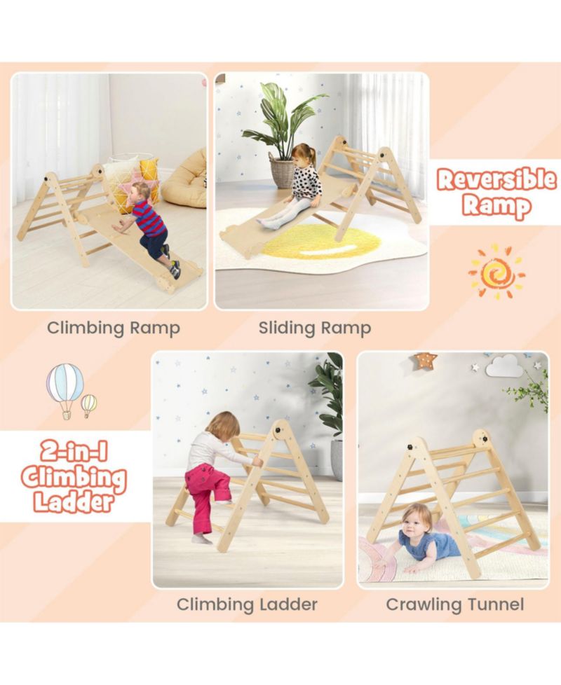 3-in-1 Climbing Set Foldable and Adjustable Kids Triangle Set-Natural