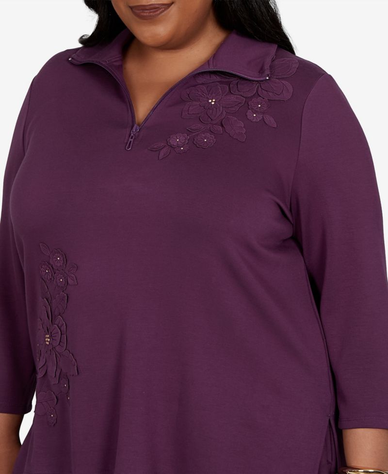 Plus Size 3/4-Sleeve Quarter-Zip Tunic Top
