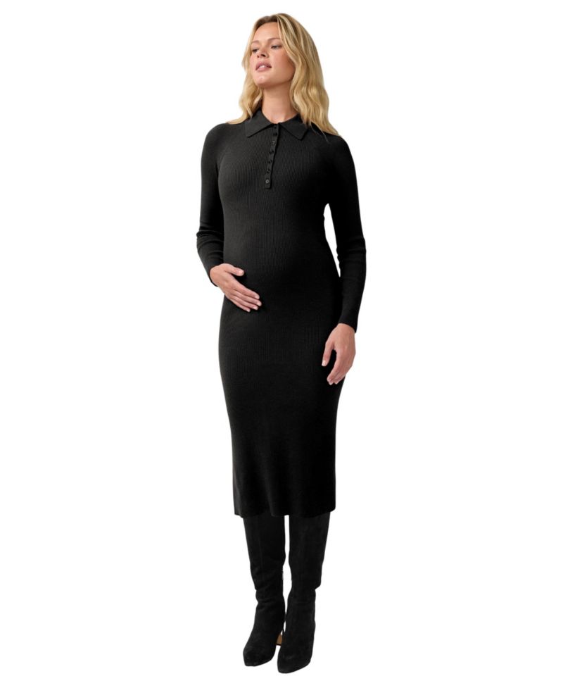 Maternity Nursing Ribbed Long-Sleeve Midi Dress