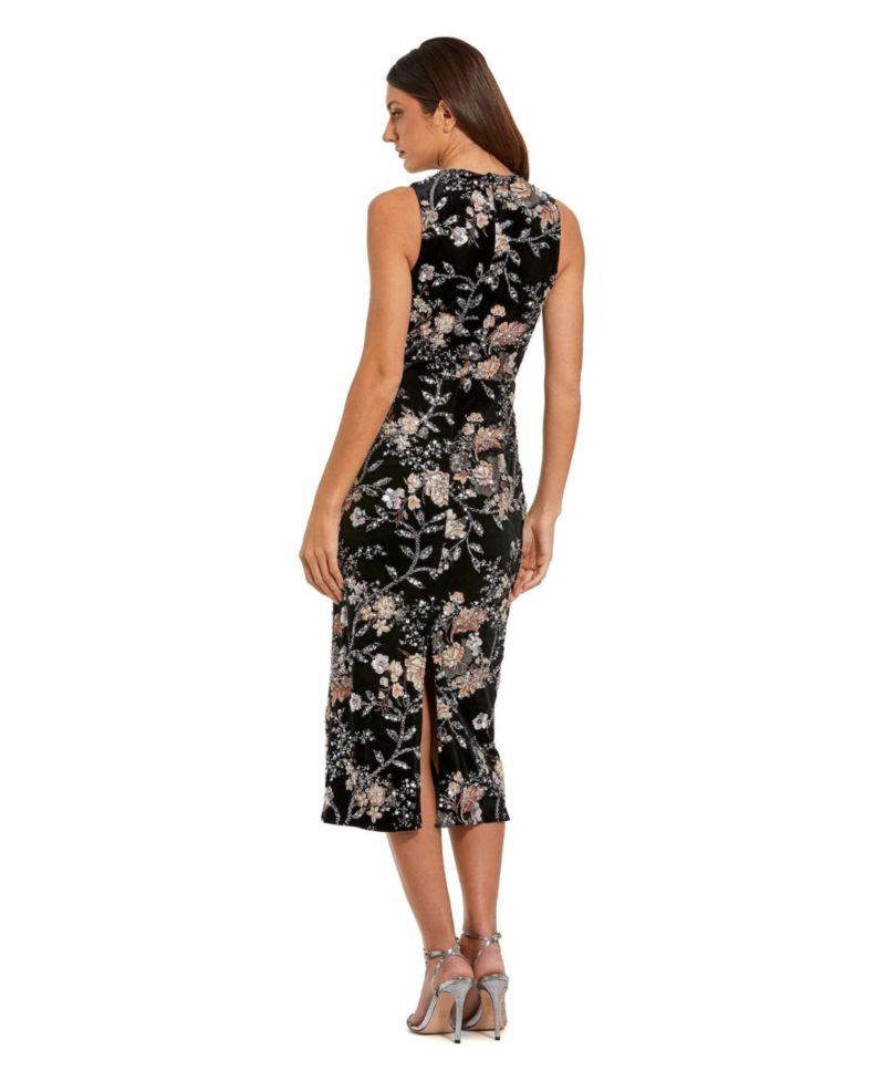 Women's Embroidered Velvet High Neck Sleeveless Midi Dress