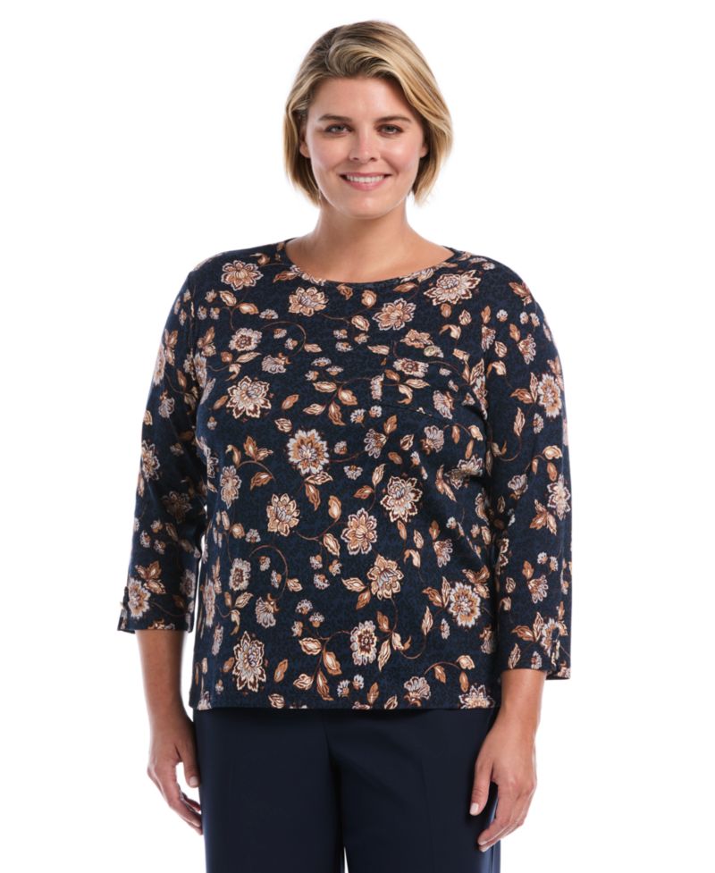 Plus Size Floral-Print 3/4-Sleeve Cotton Blouse