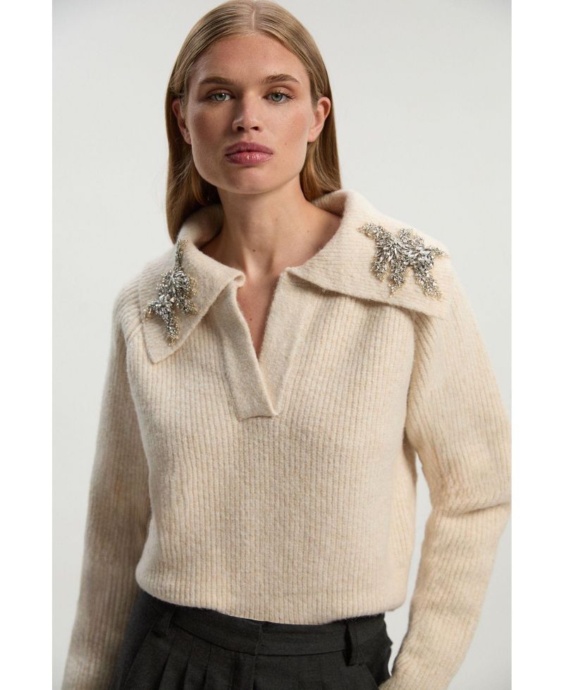 Women's Embellished Collar V Neck Knit Sweater