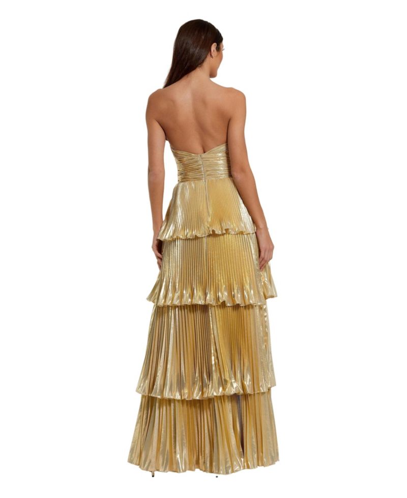 Petite Strapless Metallic Pleated Tiered Gown