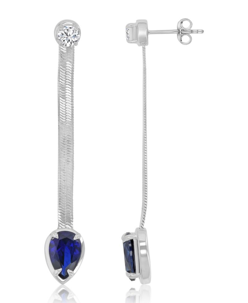 Created White Sapphire and Created Blue Sapphire Herringbone Chain Dangling Earrings in Rhodium Over Sterling Silver