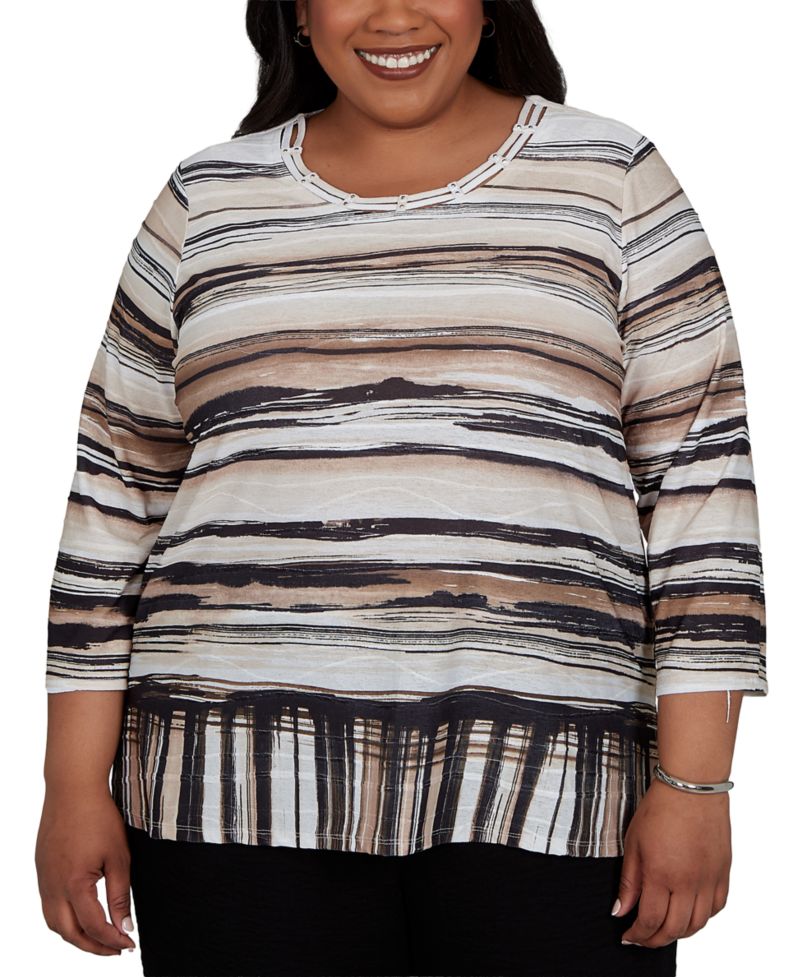 Plus Size Travel Advisory Striped 3/4-Sleeve Knit Top