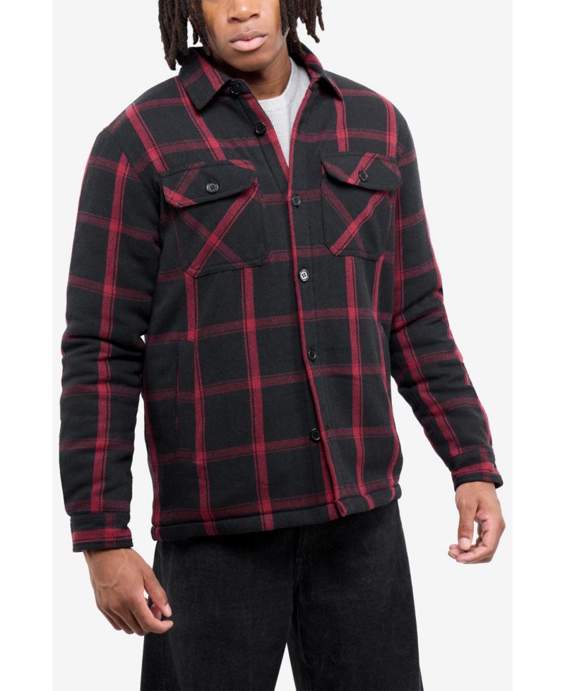 Men's Cotton Plaid Flannel Button-Up Shirt Jacket With Faux Shearling Lining
