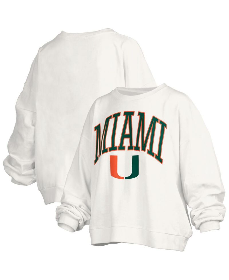 Women's White Miami Hurricanes Janise Arch Over Logo Waist Length Oversized Pullover Sweatshirt