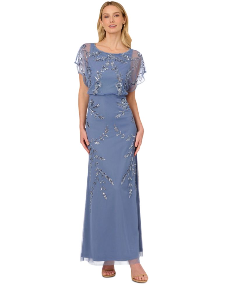 Women's Beaded Flutter-Sleeve Blouson Gown