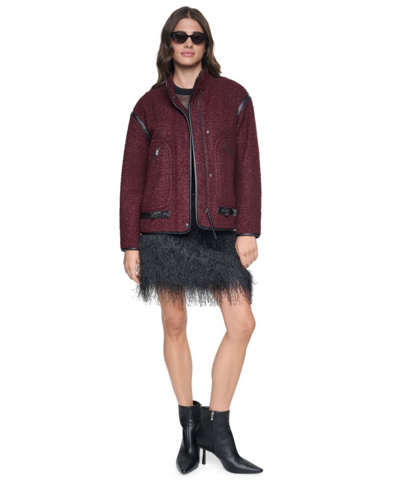 Women's Boucle Short Jacket with PU Trim