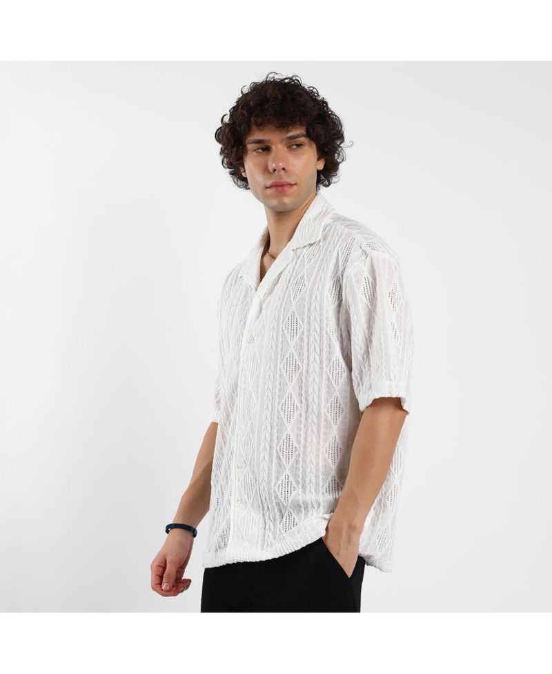 Men's Daisy White Argyle-Textured Oversized Shirt