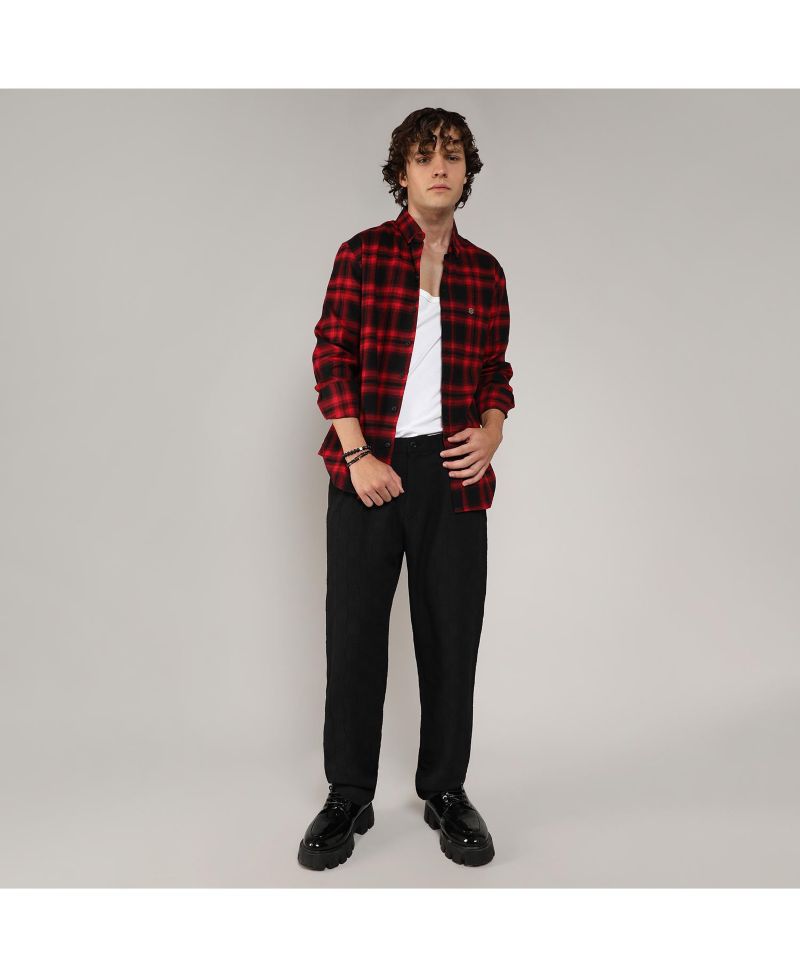 Men's Midnight Black & Scarlet Red Brushed Buffalo Check Shirt
