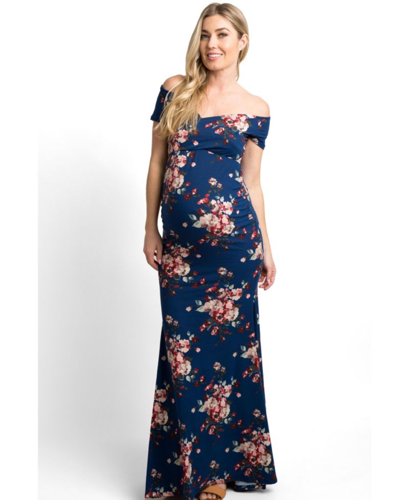 Women's Navy Floral Off Shoulder Wrap Photoshoot Gown/Dress