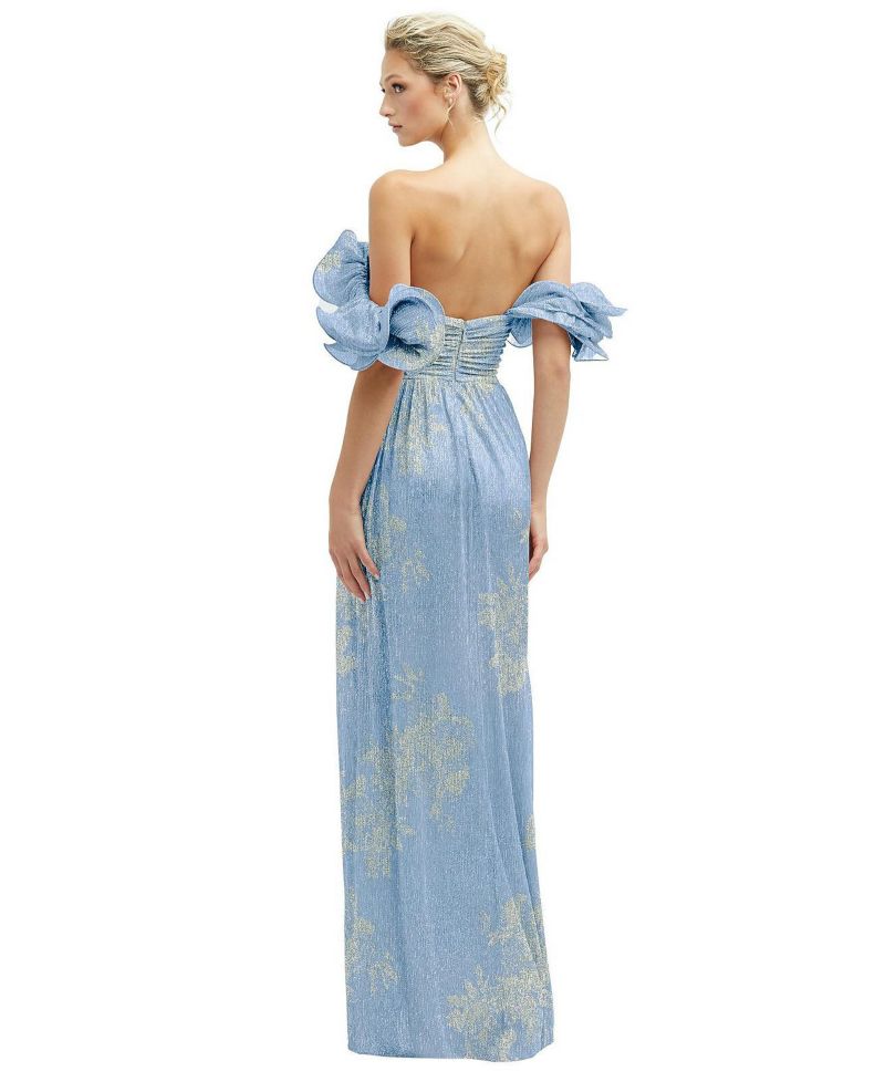 Womens Dramatic Ruffle Edge Convertible Strap Metallic Pleated Maxi Dress with Gold Foil Print