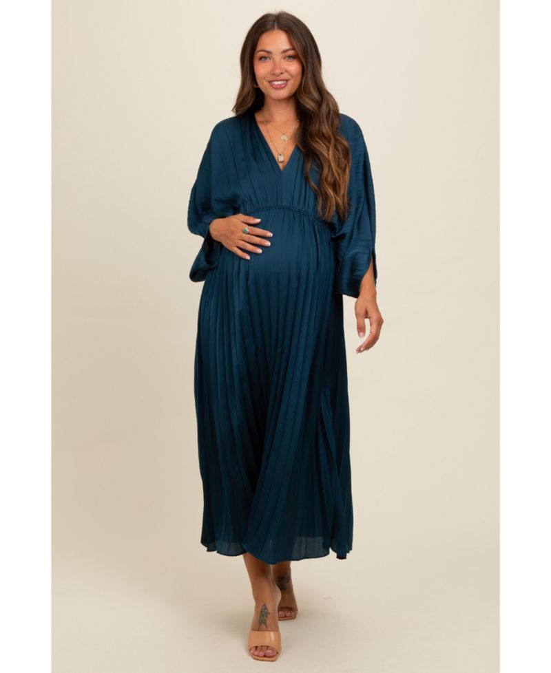 Women's Satin Pleated V-Neck Maxi Dress