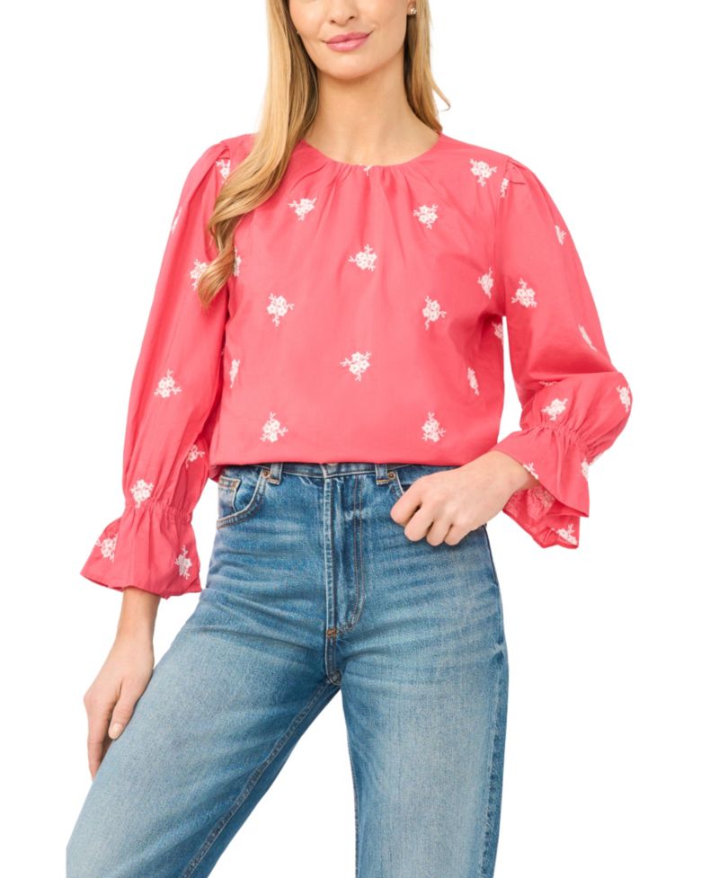 Women's Embroidered Shirred Neck Cotton Blouse