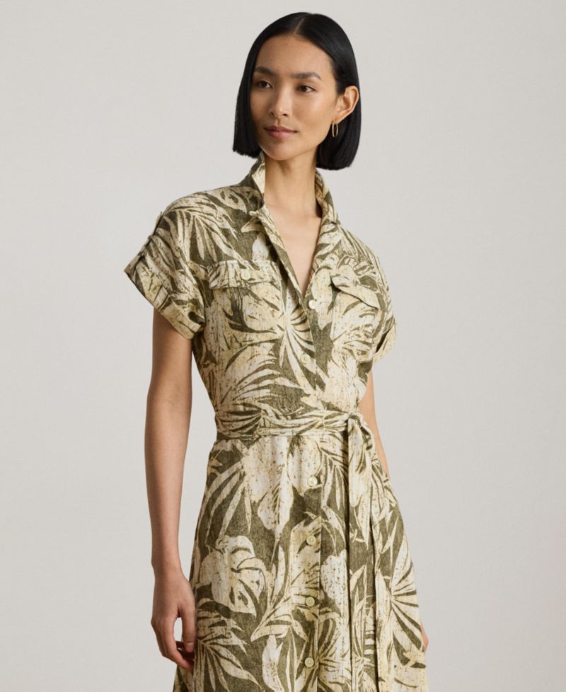 Women's Palm-Frond-Print Camp Collar Shirt-Dress