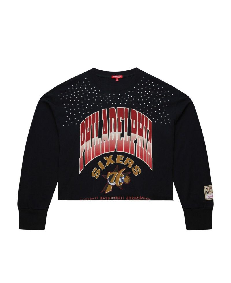 Women's Black Philadelphia 76ers Hardwood Classics Studded Boxy Cropped Long Sleeve T-Shirt
