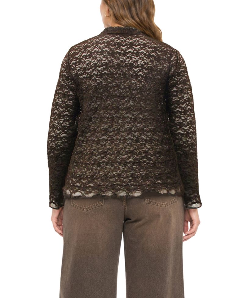 Plus Size Long-Sleeve Lace Floral-Edge Shirt