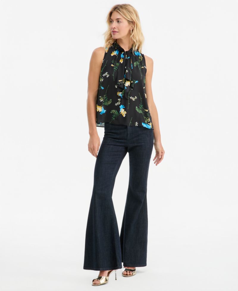 Women's Sleeveless Floral-Print Ruffle Front Blouse