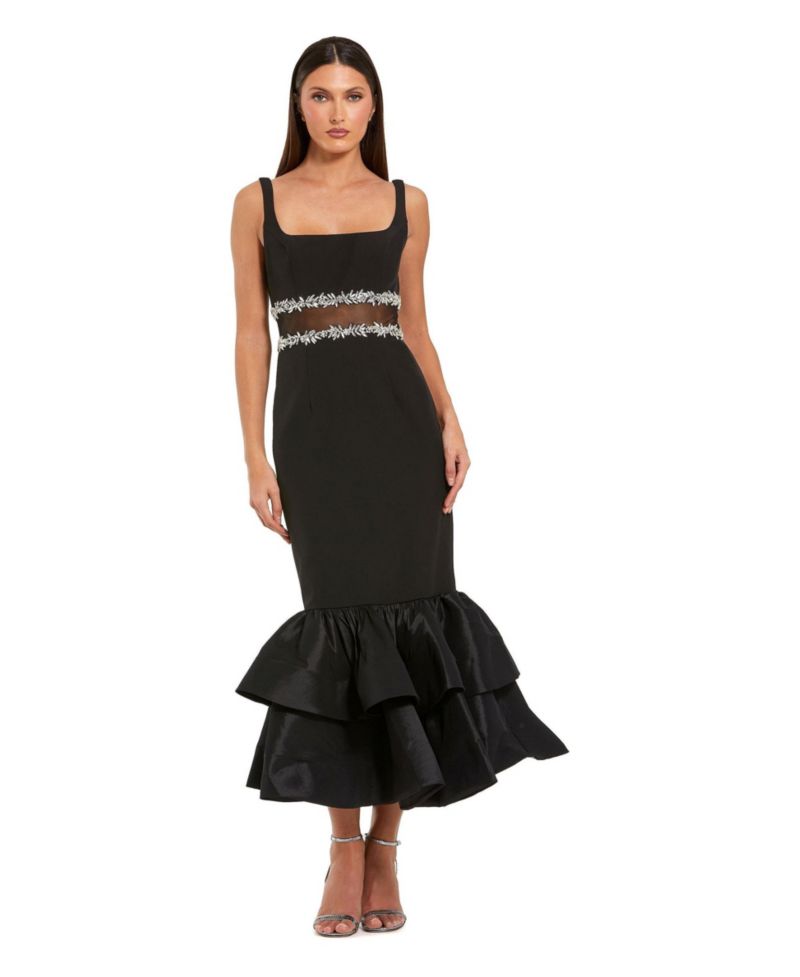 Women's Crepe Midi Dress with Jewel Detail & Ruffle Hem