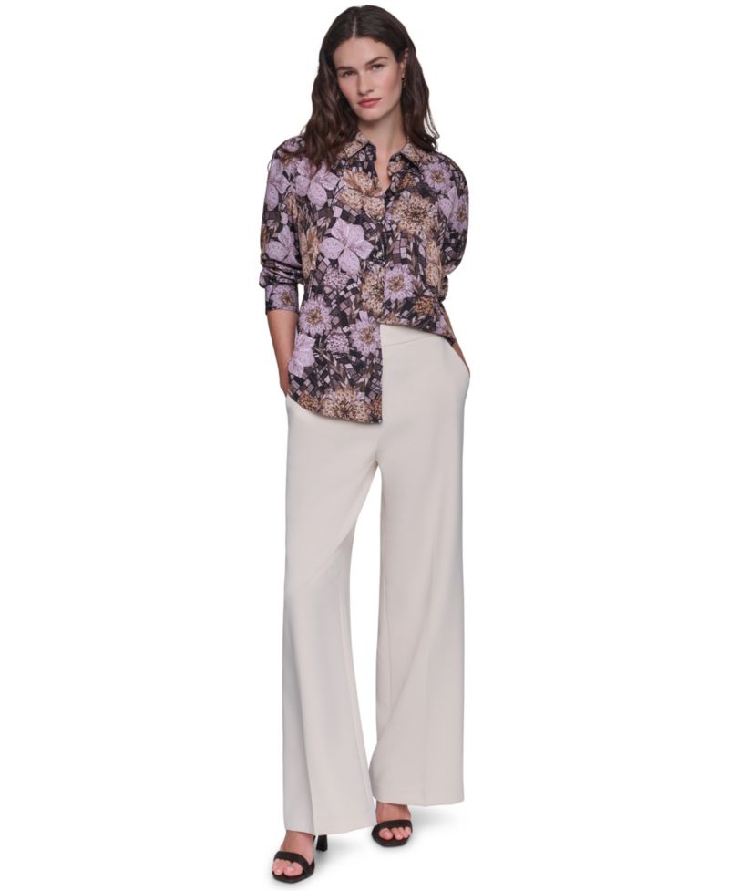 Women's Floral-Print Long-Sleeve Point-Collar Blouse