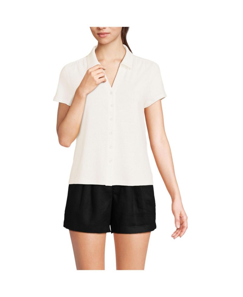 Women's Linen Blend Short Sleeve Button Front Polo Top