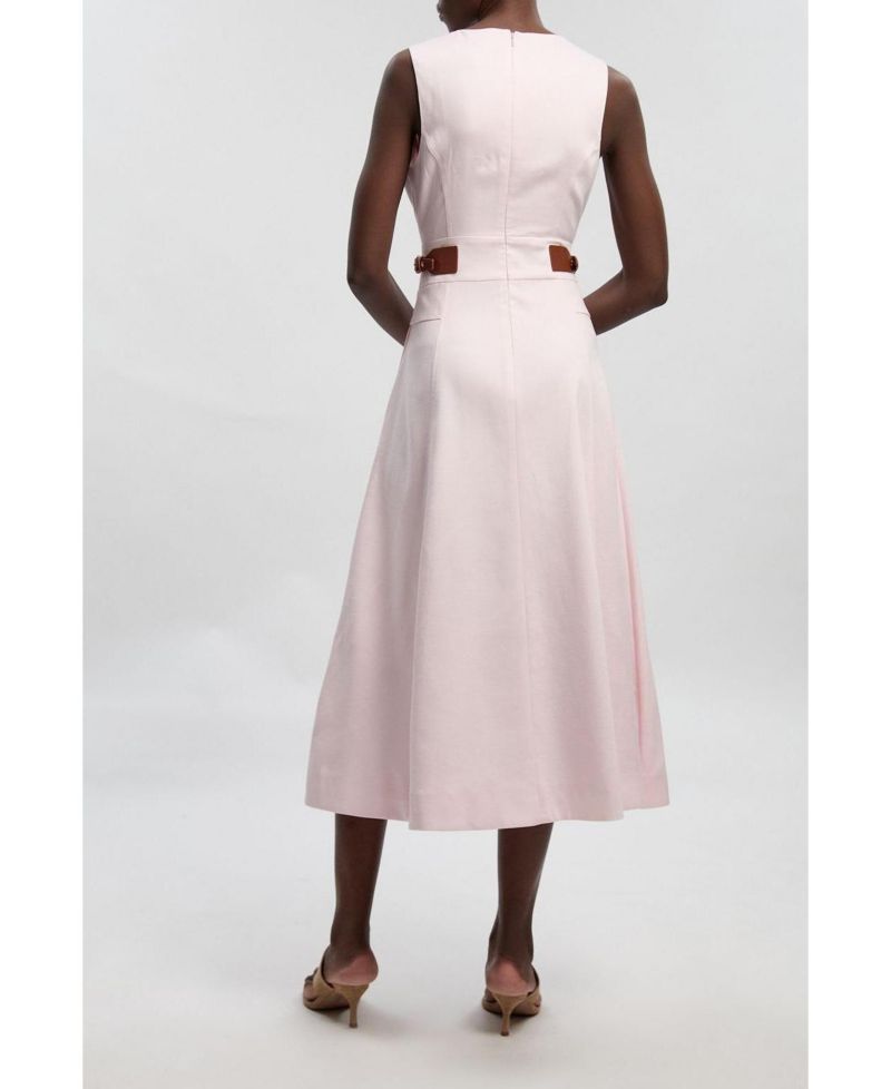 Women's Fitted Belt Crew Neck Midi Dress