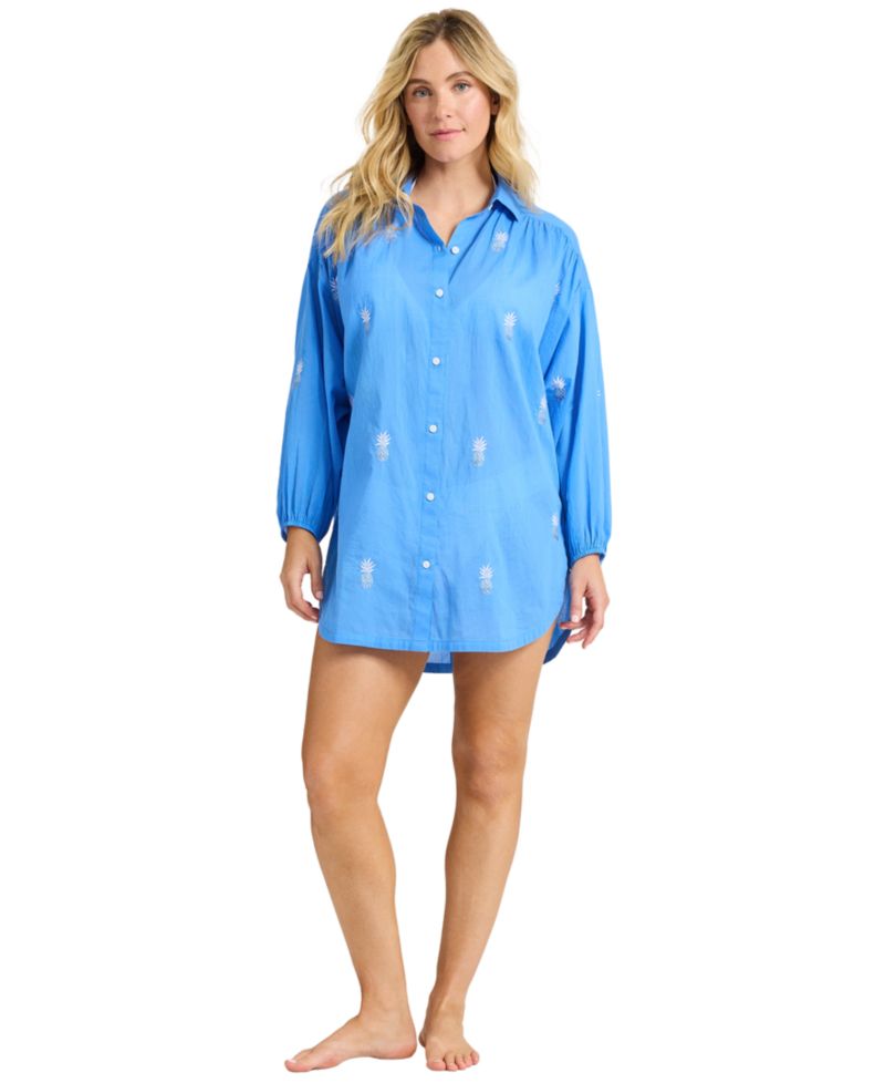 Women's Pineapple-Embroidered Boyfriend V-Neck 3/4-Sleeve Shirt