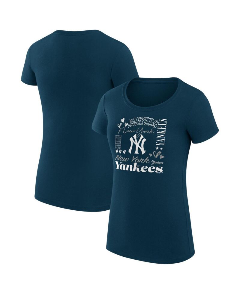 Women's Navy New York Yankees Super-Slim Fit Lightweight Collage Team Graphic Crew Neck T-Shirt
