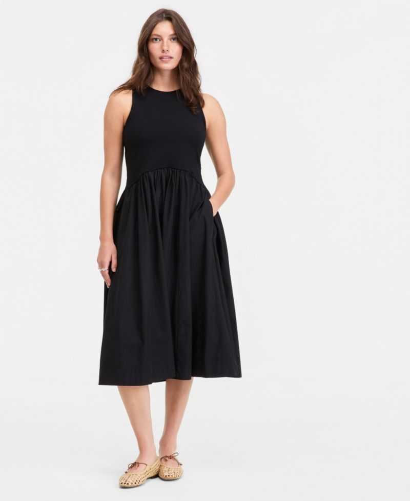 Women's Curved-Waist Mixed-Media Midi Dress
