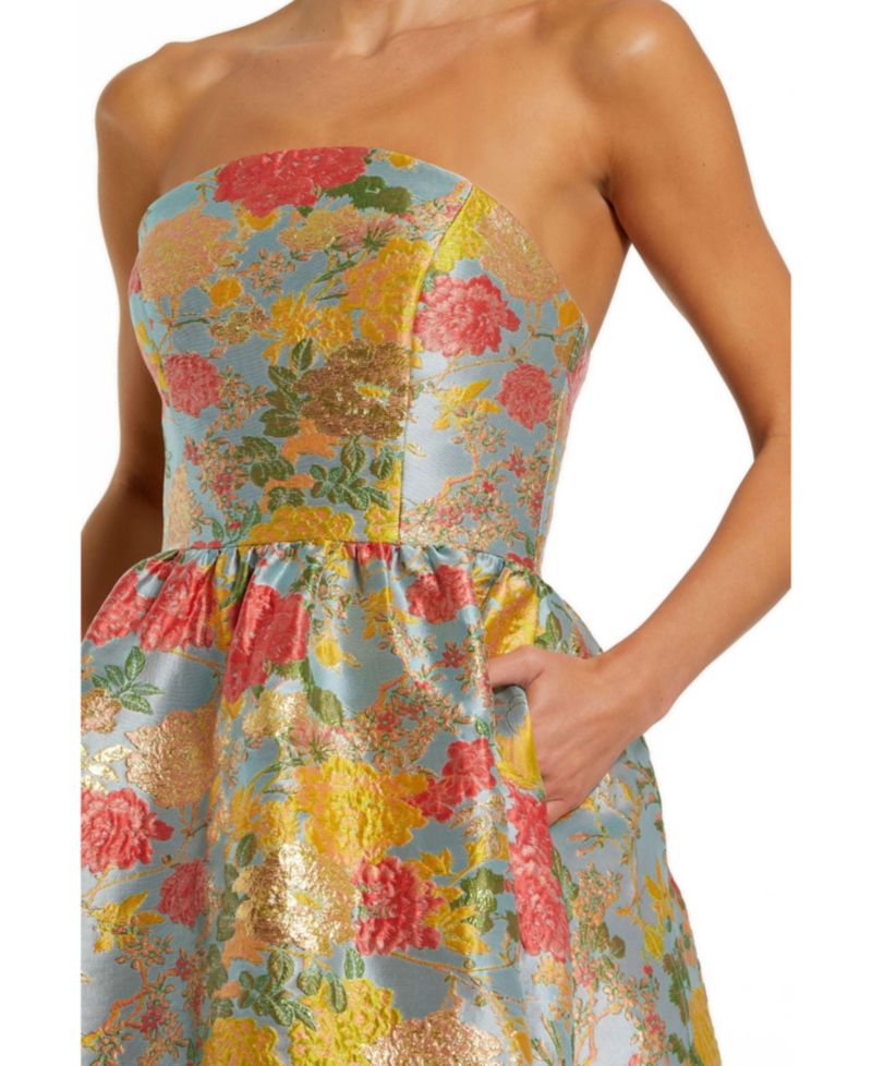 Women's Strapless Brocade Floral Gown With Ruffle Hem